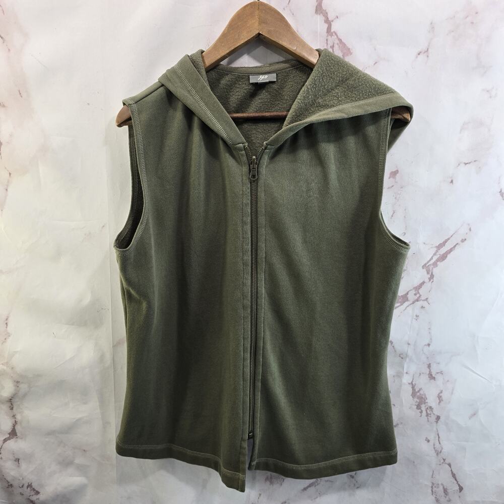 J Jill Vest Womens Medium Green Hooded Zip Sweatshirt Olive Army Fleece